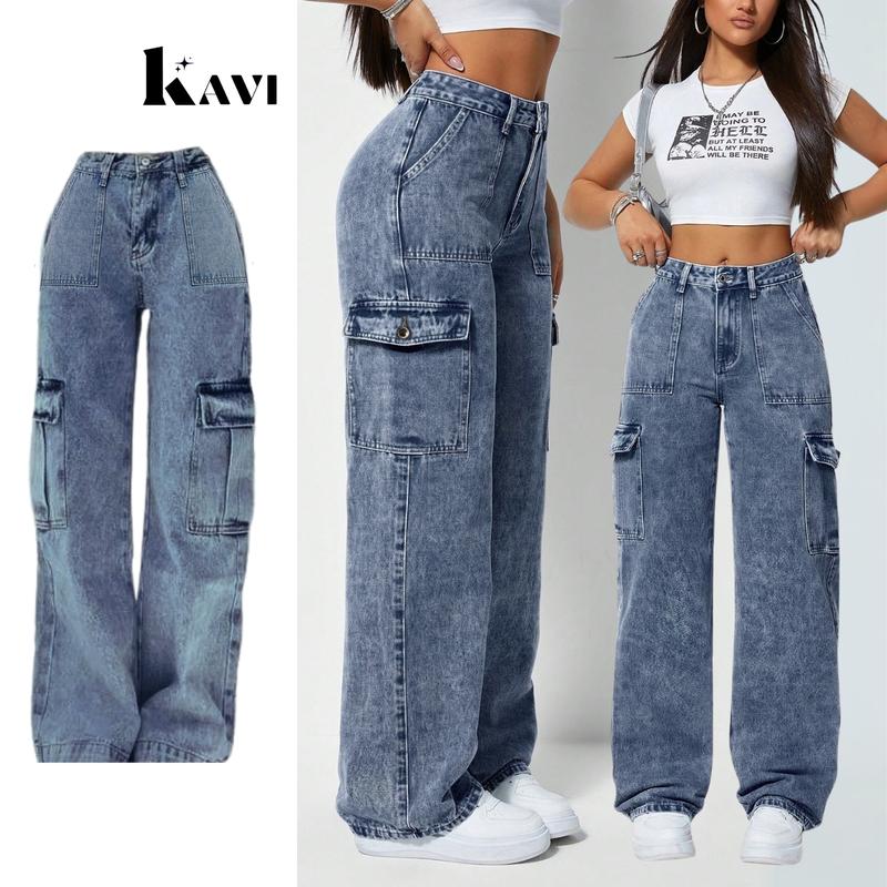 Calça Cargo Jeans Feminina Wid Leg Pantaona Cintura Alta 100% Algodão
