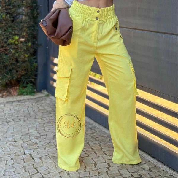 Marrant Calça Feminina Cargo Wide Leg com Elástico e Bolsos