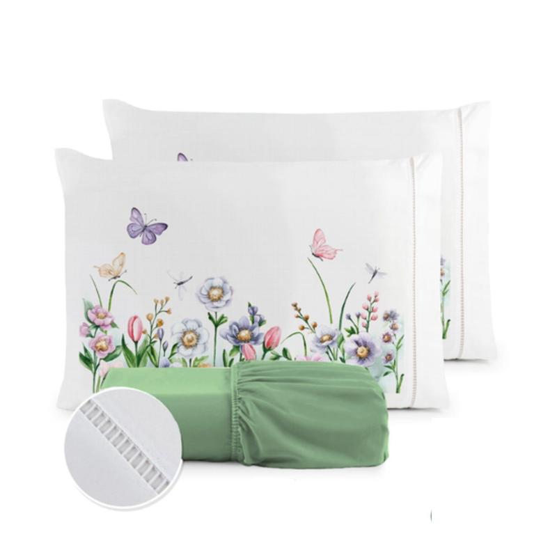 Kit Jogo de Cama Lençol 400 Fios com Fronha Ponto Palito Estampa