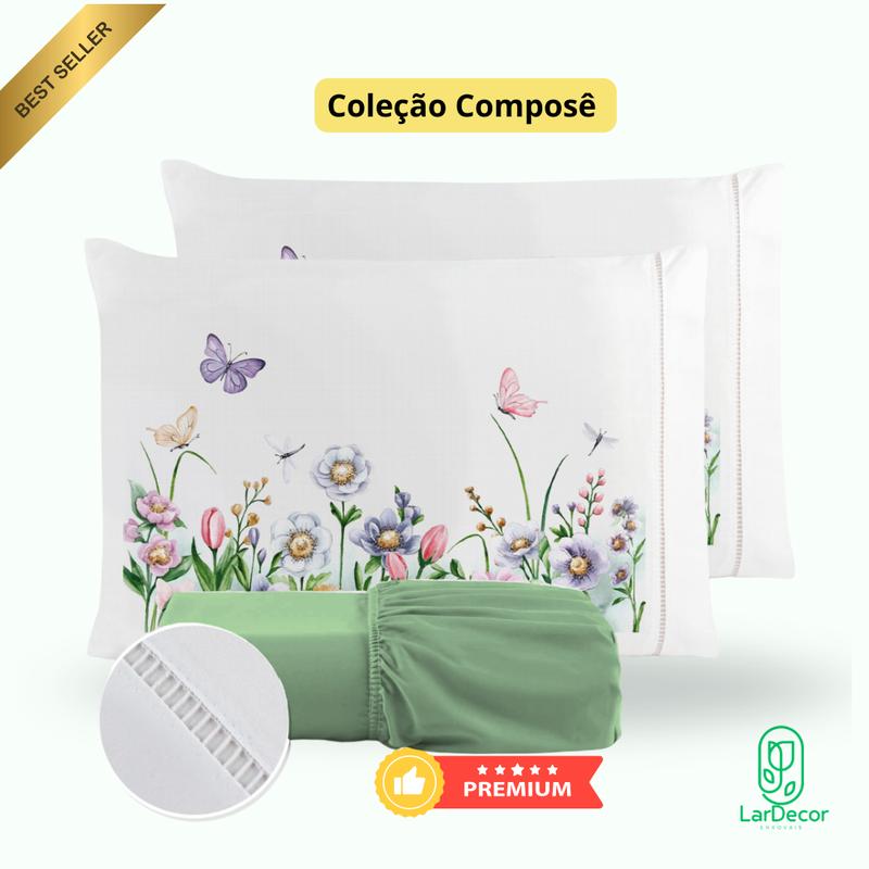 Kit Jogo de Lençol Fronha Estampada Micropercal 400 Fios Ponto Palito