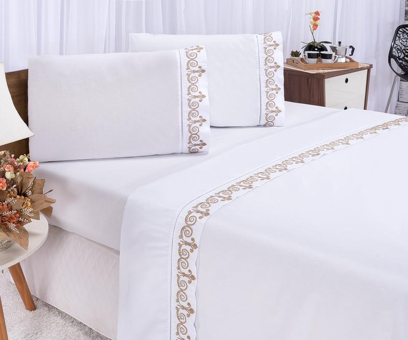 Jogo De Cama Casal Queen 4 Pçs 400 Fios Ponto Palito com Bordado Macio