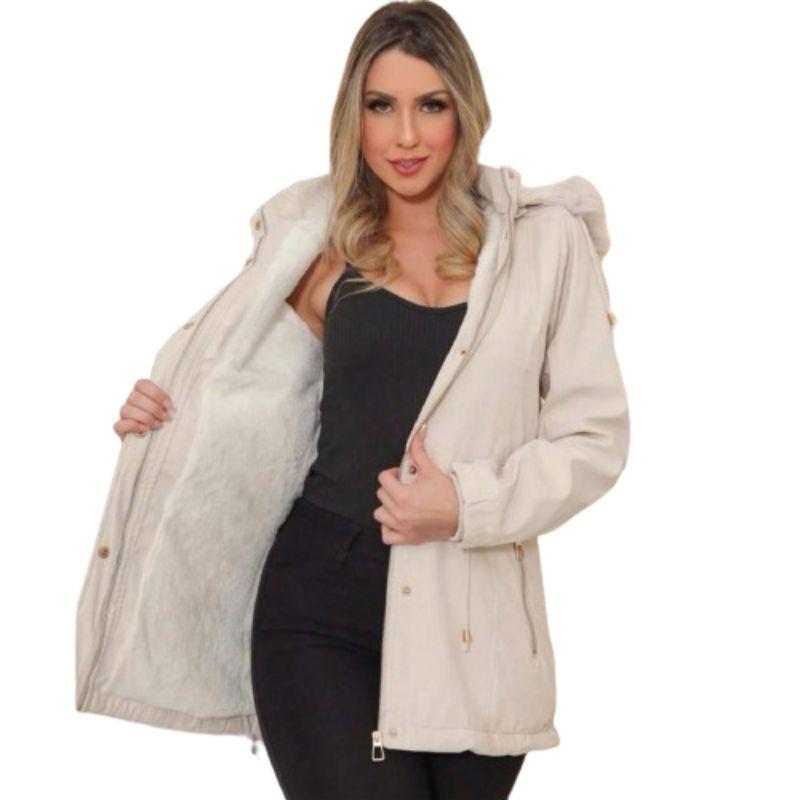 parka feminina toda forrada por dentro de tecido sarja com capuz