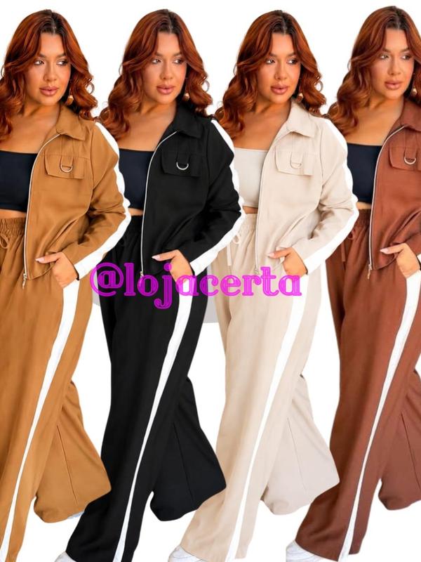 Conjunto Esportivo Plus Size com Listra Tecido Marante Jaqueta e