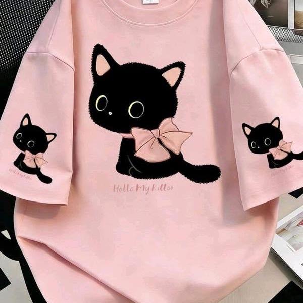 Camiseta Cat Gatinho fofo Preto Unissex Gola redonda Envio imediato