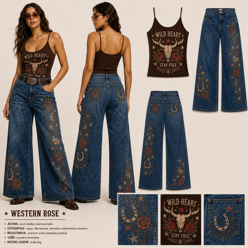 Conjunto Feminino Regatinha + Calça Jeans Wide leg Country Western