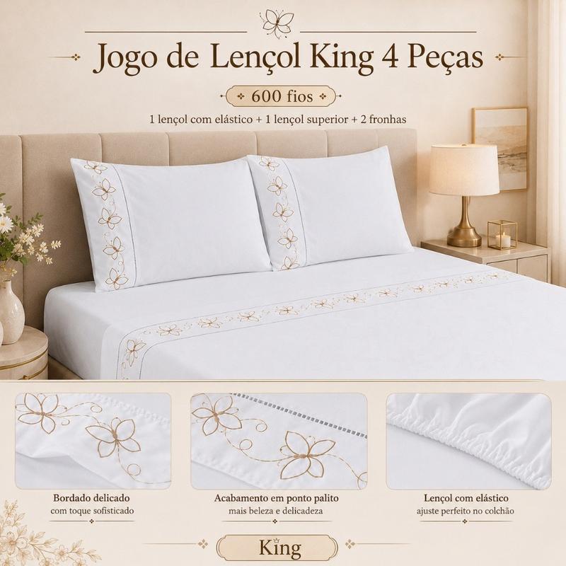 Jogo de Lençol 600 fios 100% Algodão 4 Peças Solteiro Casal Queen
